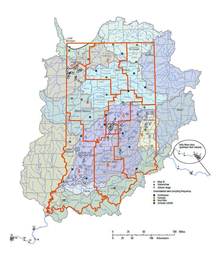 Map of the Groundwater Network sites in Indiana and Kentucky