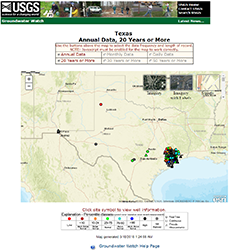 Screen shot of groundwater watch annual data of 20 years or more for Texas
