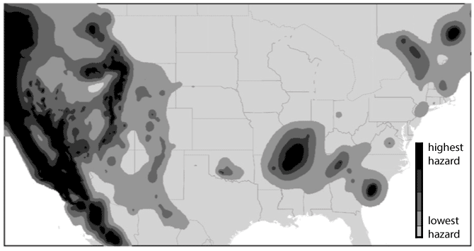 The U.S. hazard map showing the highest hazard areas in black and the lowest hazard areas in gray.