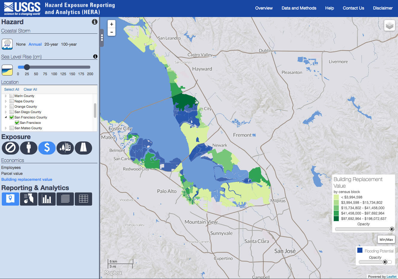 screen shot of web application showing potential flooding in the San Francisco Bay Area