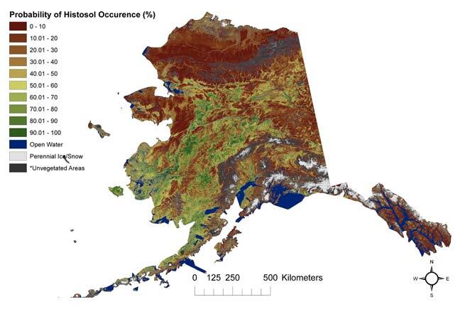 Modeled probabilistic map of histosol (organic layer thickness > 40 cm) distributions for Alaska.