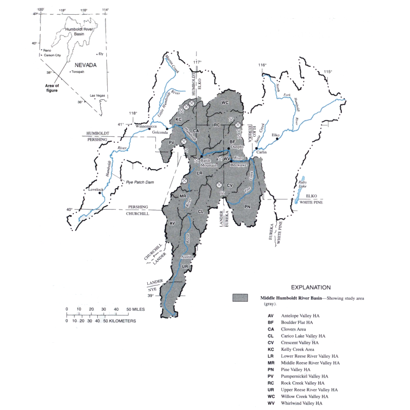  Locations of middle Humboldt River Basin and the 14 hydrographic areas, north-central Nevada