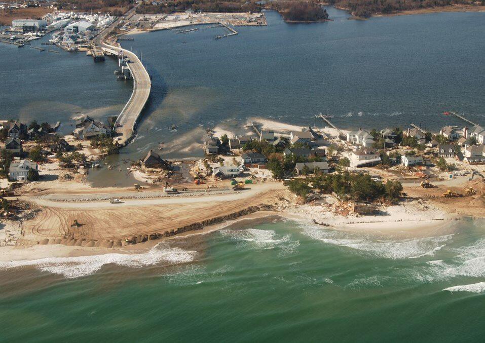 Aerial photograph of Hurricane Sandy storm damage at Mantoloking, New Jersey coastline