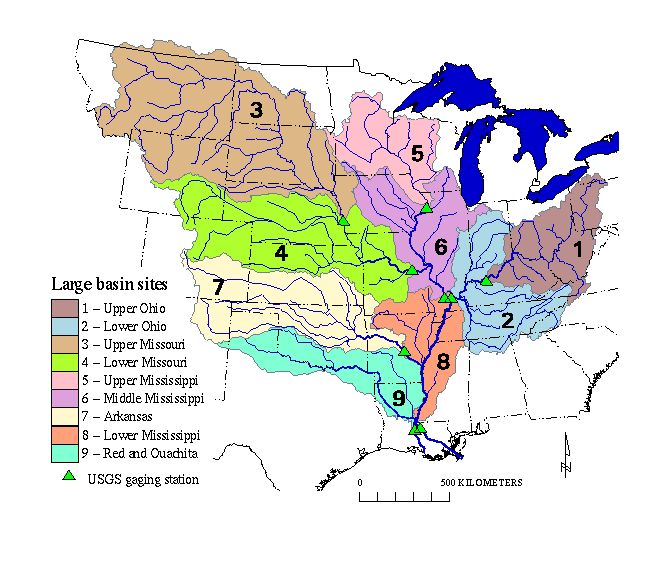 Locations of the 9 large subbasins studied in the Committee on Environment and Natural Resources (CENR) hypoxia assessment