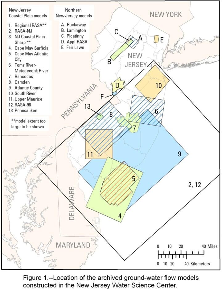 Map showing of the archived groundwater flow models constructed in the New Jersey Water Science Center
