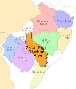 Image of Southern New Jersey with the Great Egg Harbor River basin highlighted