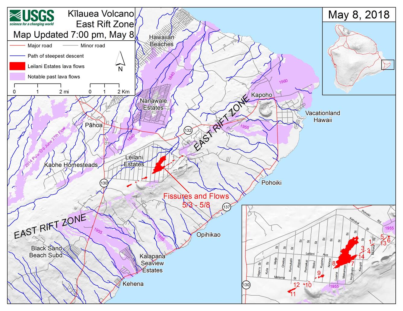 Kīlauea East Rift Zone Fissure Map with Paths of Steepest Descent