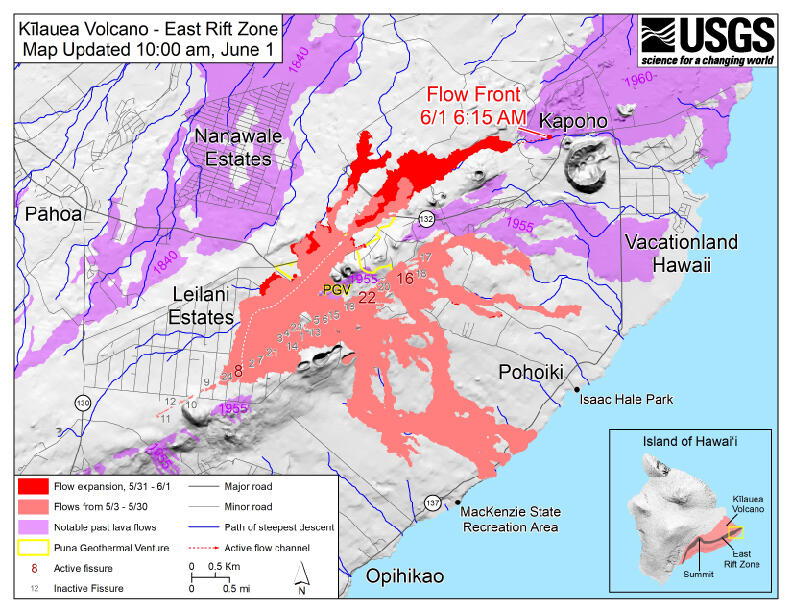 Map showing lower East Rift Zone lava flows and fissures