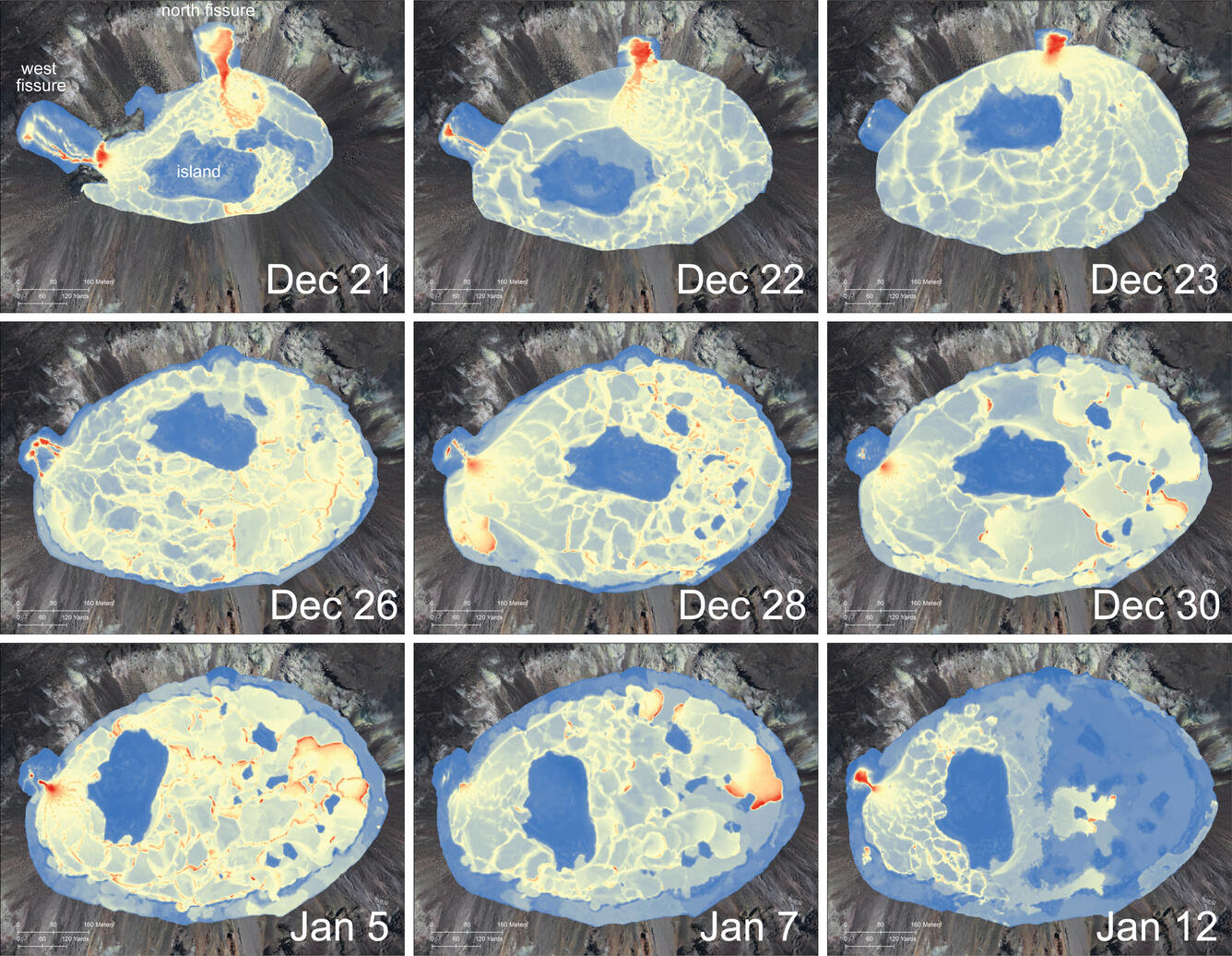 This compilation shows nine thermal maps created for the ongoing eruption in Halema‘uma‘u, at the summit of Kīlauea