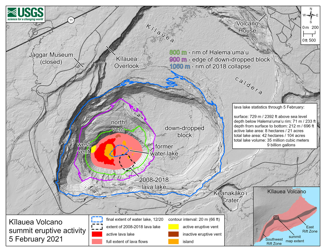 This map of Halema‘uma‘u at the summit of Kīlauea shows 20 m (66 ft) contour lines