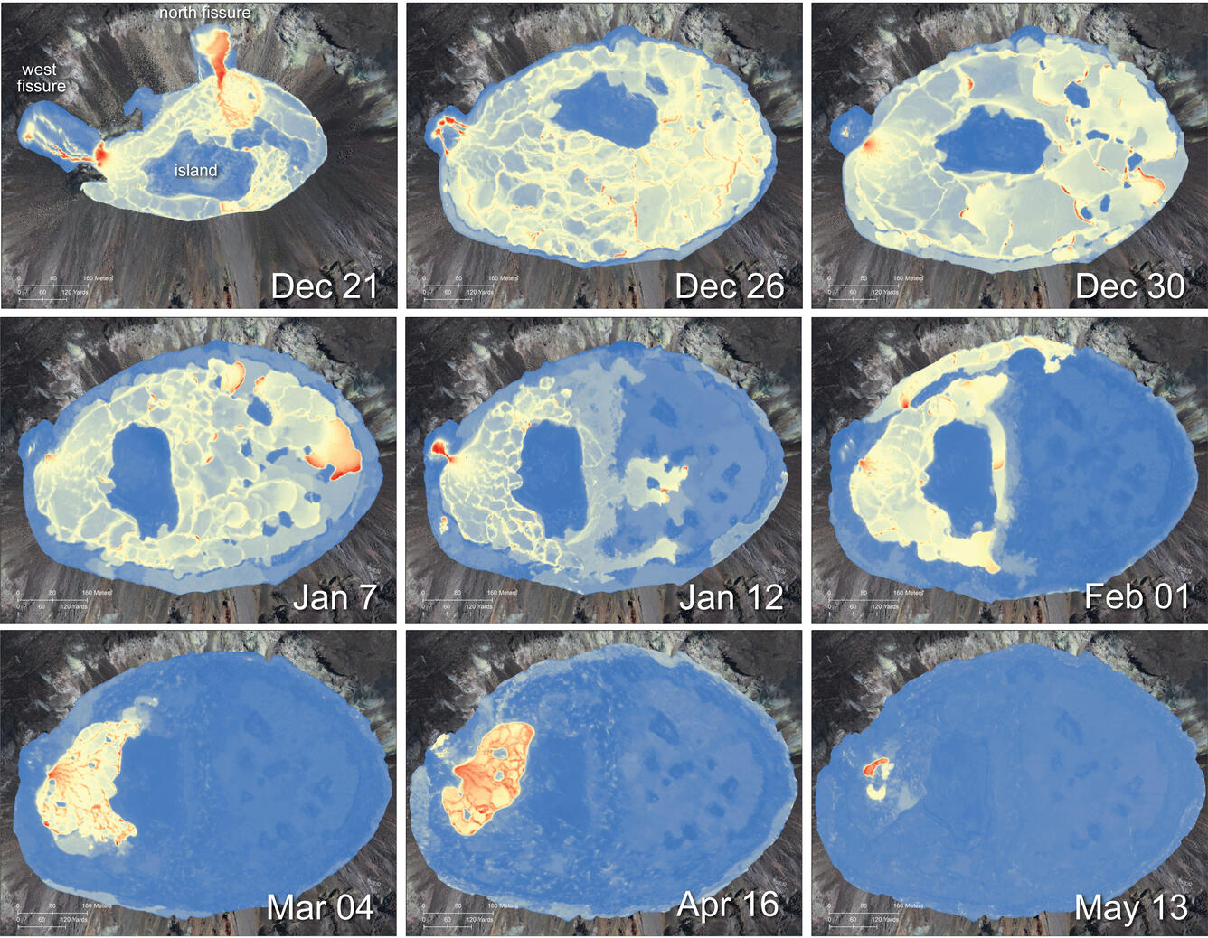 A compilation of nine thermal maps created for the ongoing eruption in Halema‘uma‘u, at the summit of Kīlauea.