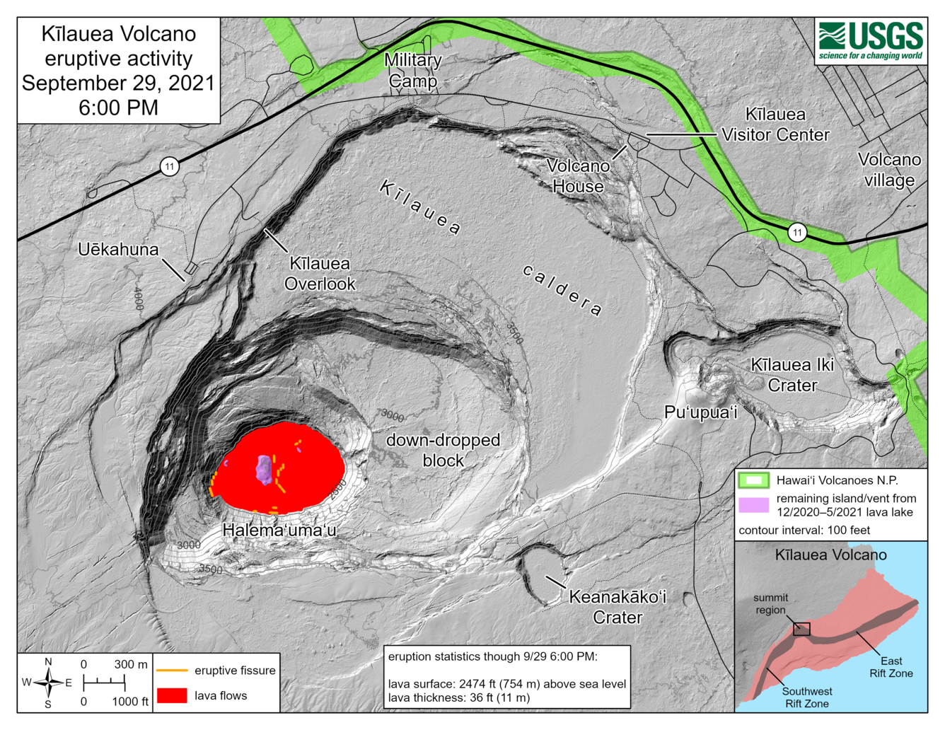 Map of volcano summit eruption