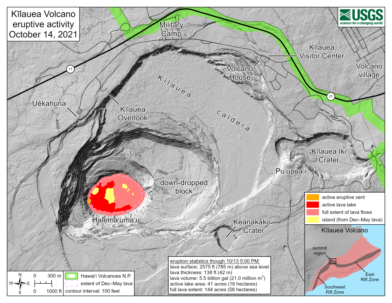 Color eruption contour map of Kilauea summit October 14, 2021