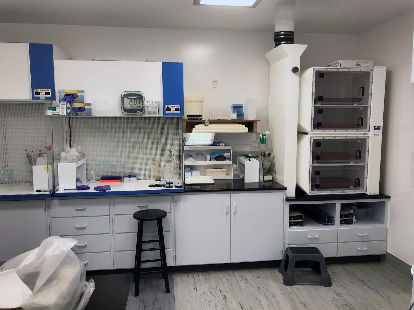 Portion of the Class-10,000 clean lab with HEPA-filtered laminar-flow hoods
