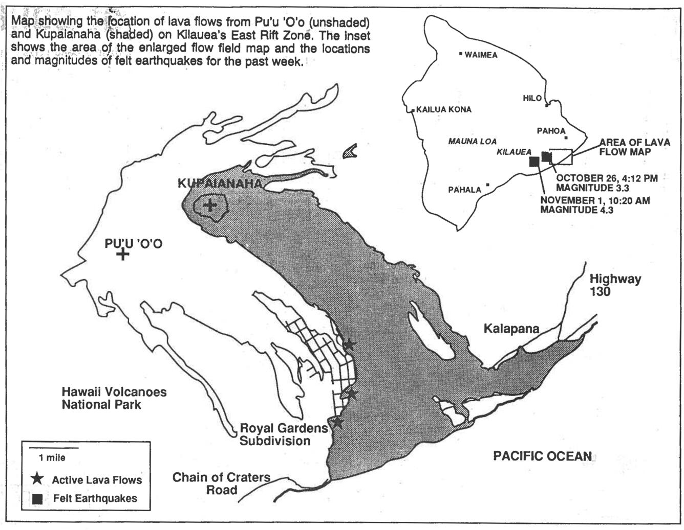 Black and white graphic showing gray shaded areas for the areas of lava flows.