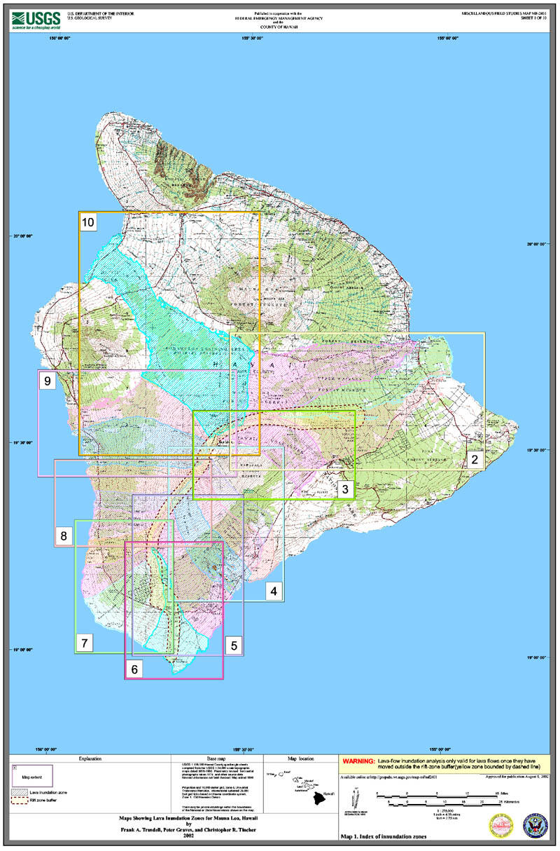 Map with lava inundation zones identified for Mauna Loa