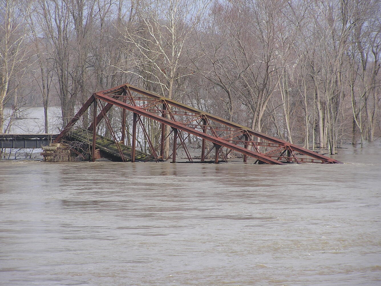 Railroad bridge collapse after significant flooding, 2005, Wabash River, IN