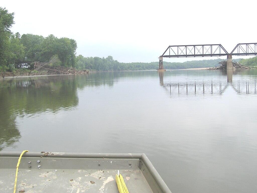 Partial railroad bridge after pier failure on the Wabash River