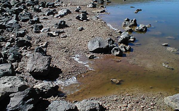 Closeup of Lake Waiau. The white particles hugging the edges are remains of ice