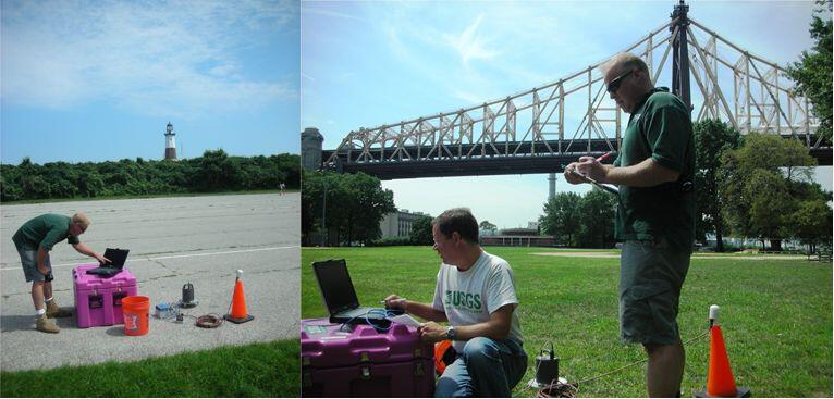 men outside on sunny day recording data on paper and laptop