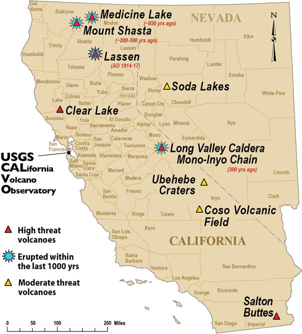 Map of moderate-to-high-threat volcanoes monitored by the California Volcano Observatory. Counties in California and Nevada are 