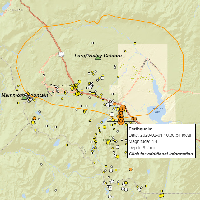 Earthquakes are represented by colored, scaled circles on a shaded relief map of the Long Valley Caldera.