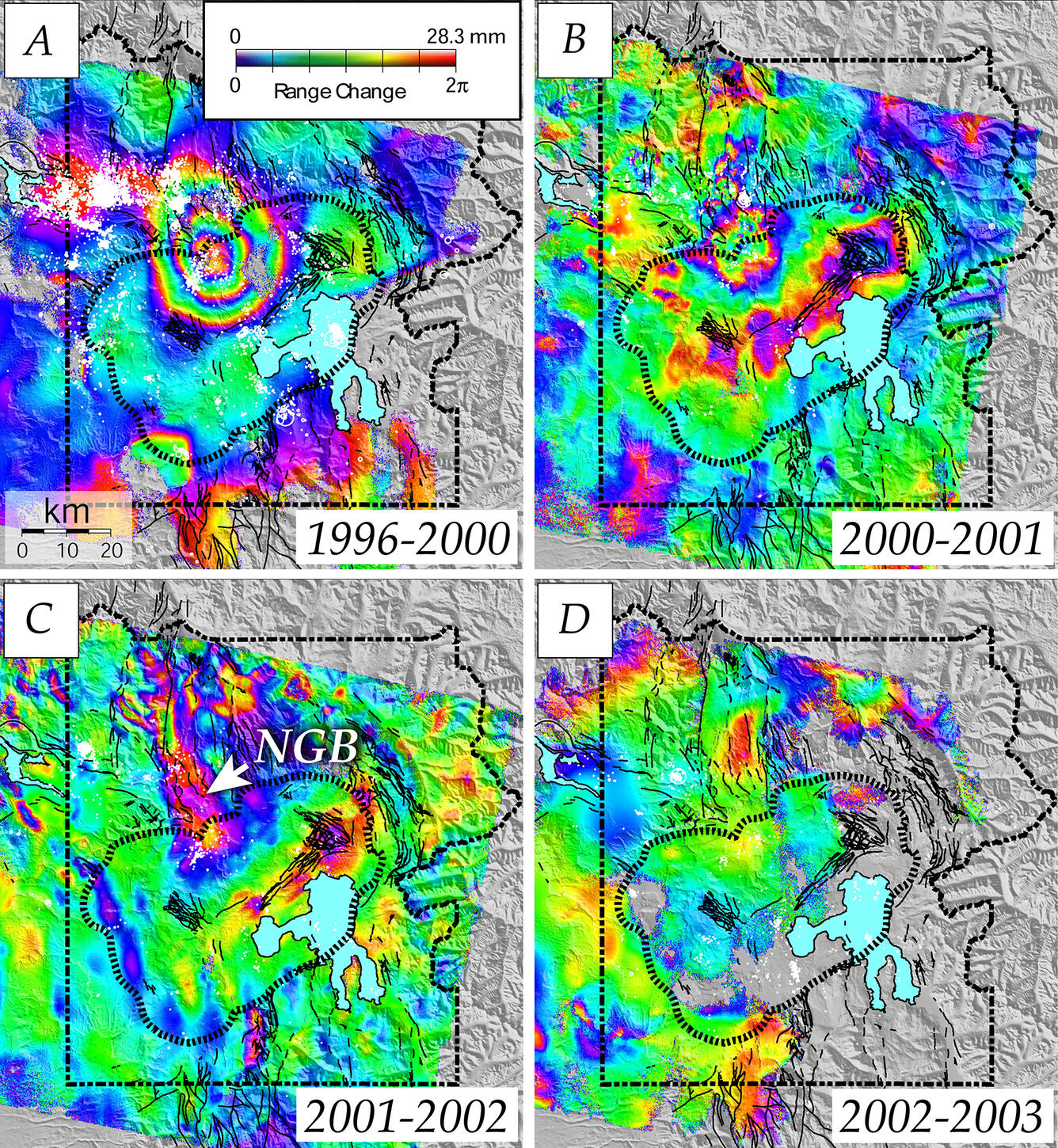 Four radar interferograms (InSAR data) superimposed on digital terrain