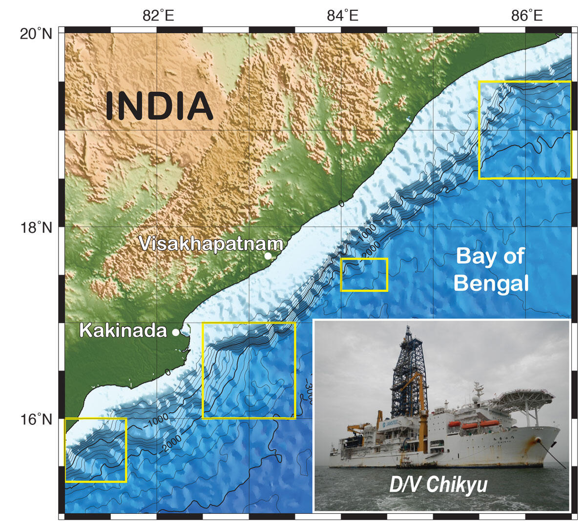 Cartoon map showing land and ocean features, with an inset photo of a ship.