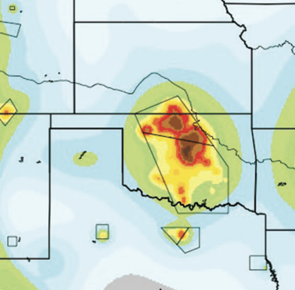 map of Oklahoma and Nebraska and Texas with colored shading for earthquake hazard