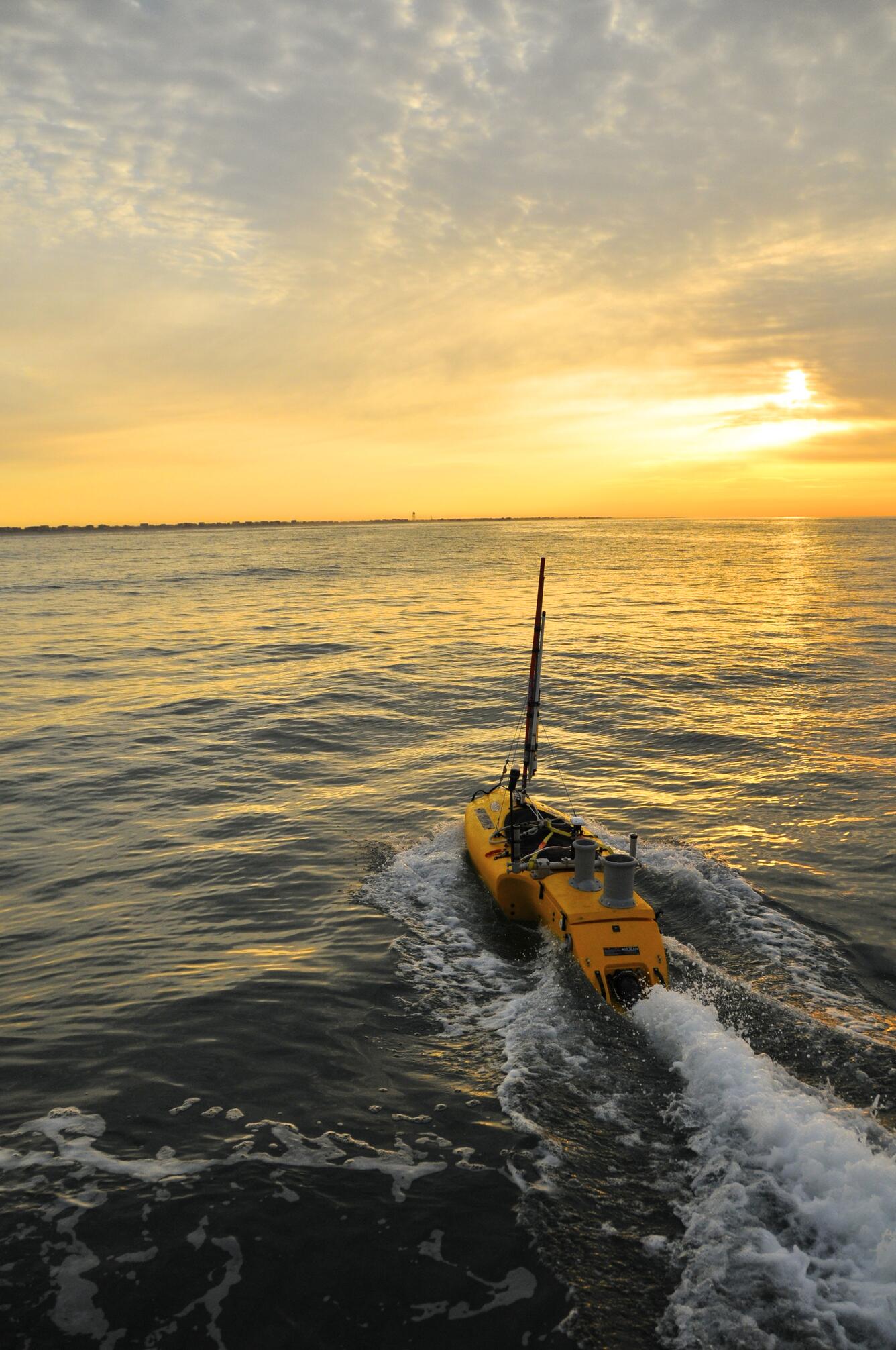 A remotely operated vessel starts a survey at dawn off Fire Island, NY 