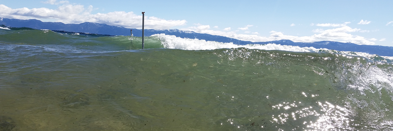 Waves on the shore of Lake Tahoe. Temperature probes can be seen above the waves