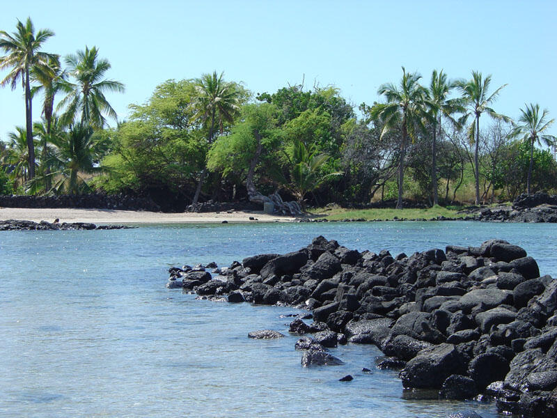 View looking south along one of the historic fishpond walls at Kaloko. Some of the historic fishpond walls have been restored in