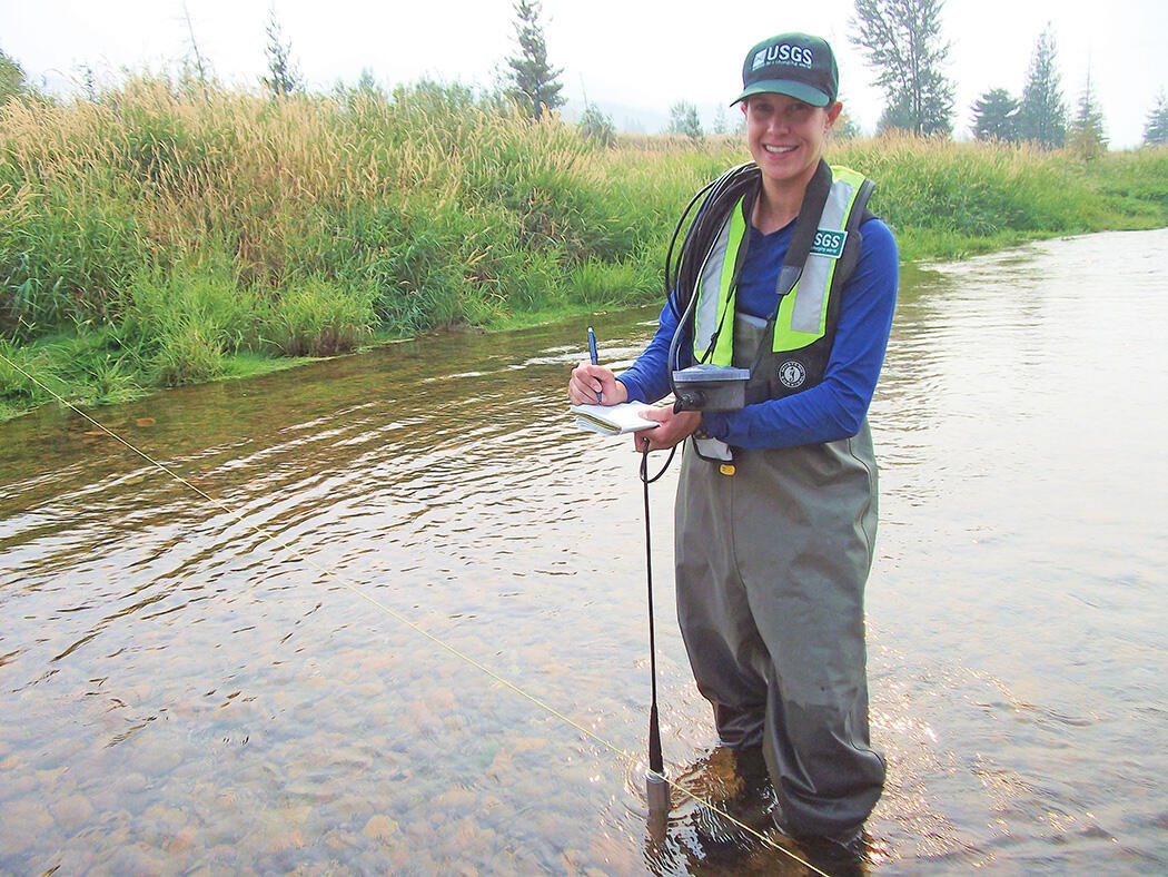 Hydrologist collecting data on South Fork Coeur d'Alne River, Idaho
