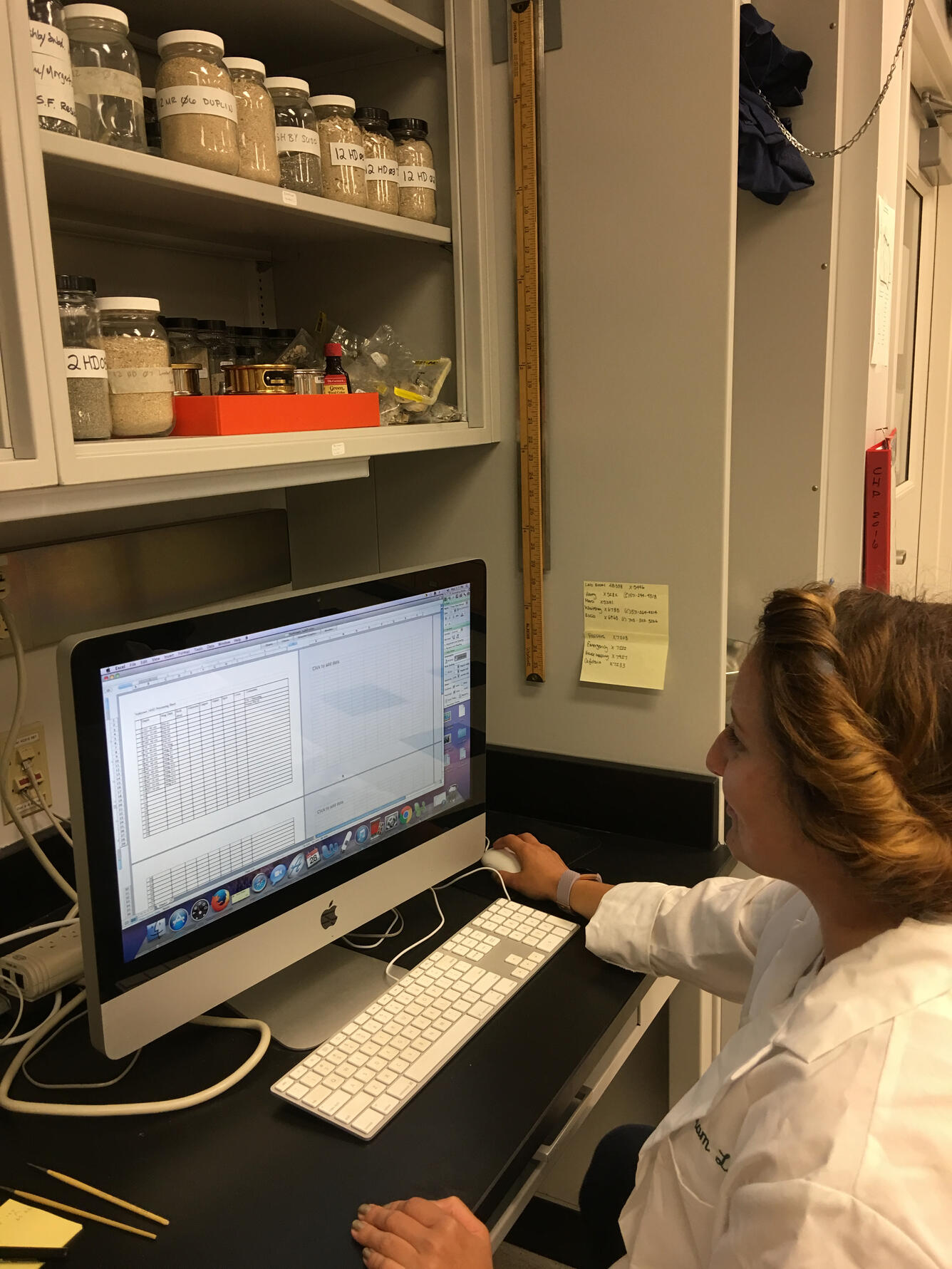 A lab technician updates data in a spreadsheet