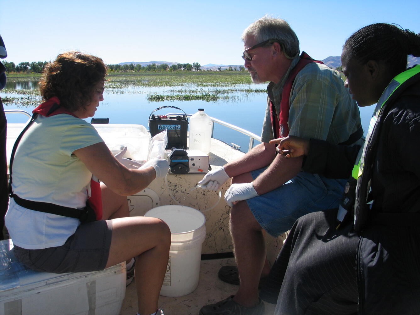 Collecting water-quality samples at Lahontan Reservoir, Nevada