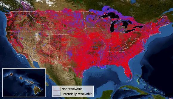 Map of Potentially Resolvable National Hydrography Dataset Waterbodies and Flowlines from Landsat Images CONUS