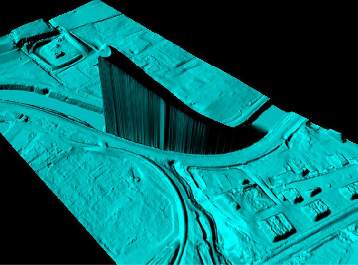 Digital elevation model illustrating an error in downstream constraint. The water surface ramps upward in the downstream directi