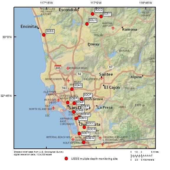 map of USGS installed wells in San Diego County, CA