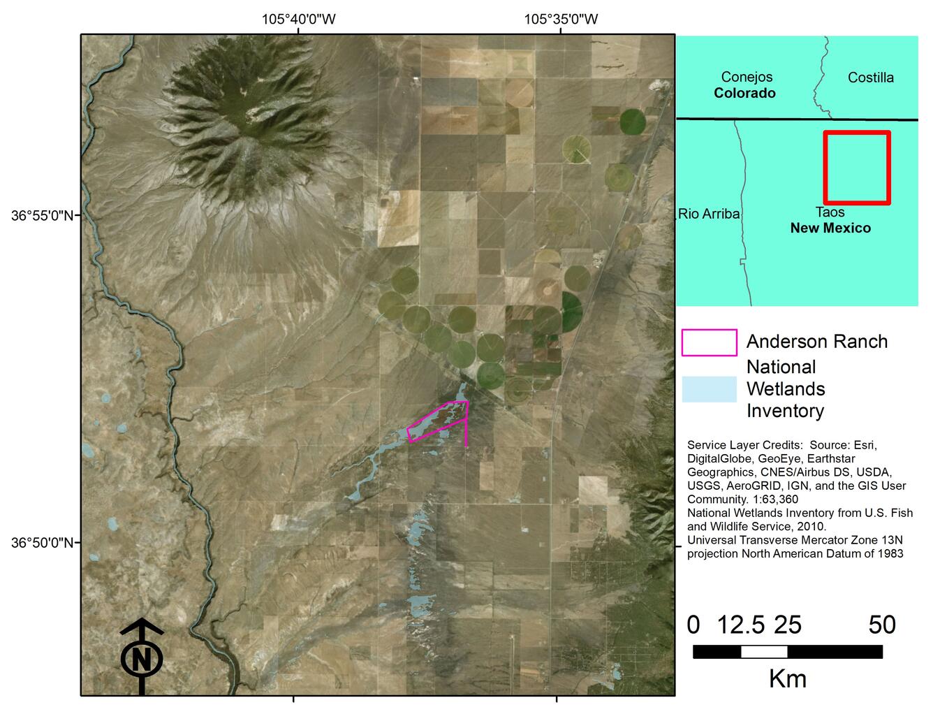 Map of study area including the location of the Anderson Ranch property and the National Wetlands Inventory