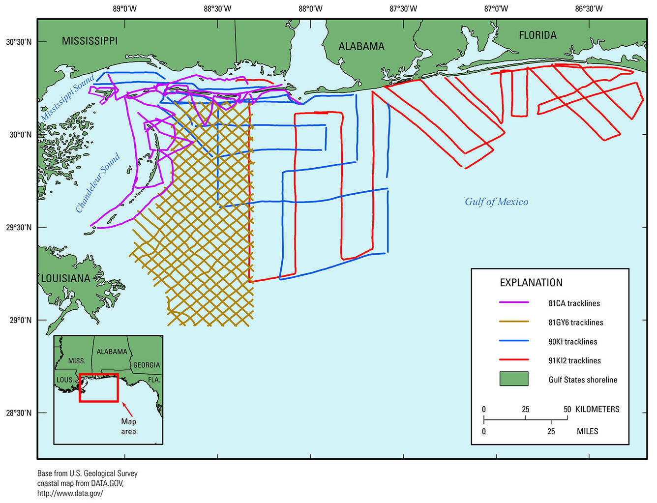 Map of tracklines from all cruises (R/V Carancahua, R/V Gyre, and R/V Kit Jones).