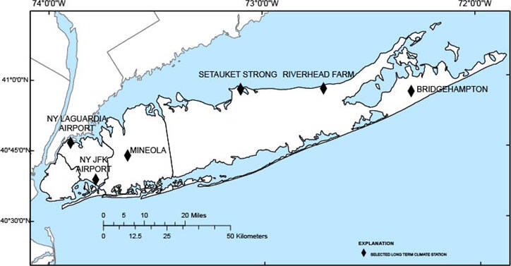 graph of Locations of selected Cooperative Observer Network (COOP) on Long Island.