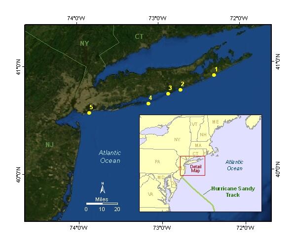 Location map showing locations of pre- and post-storm images in New York for Hurricane Sandy.