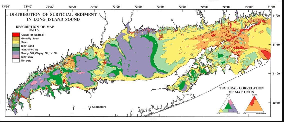  regional distribution of the four categories of sea-floor sedimentary environments identified in the Long Island Sound study a
