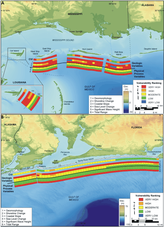 Map of  Relative Coastal Vulnerability for Gulf Islands National Seashore