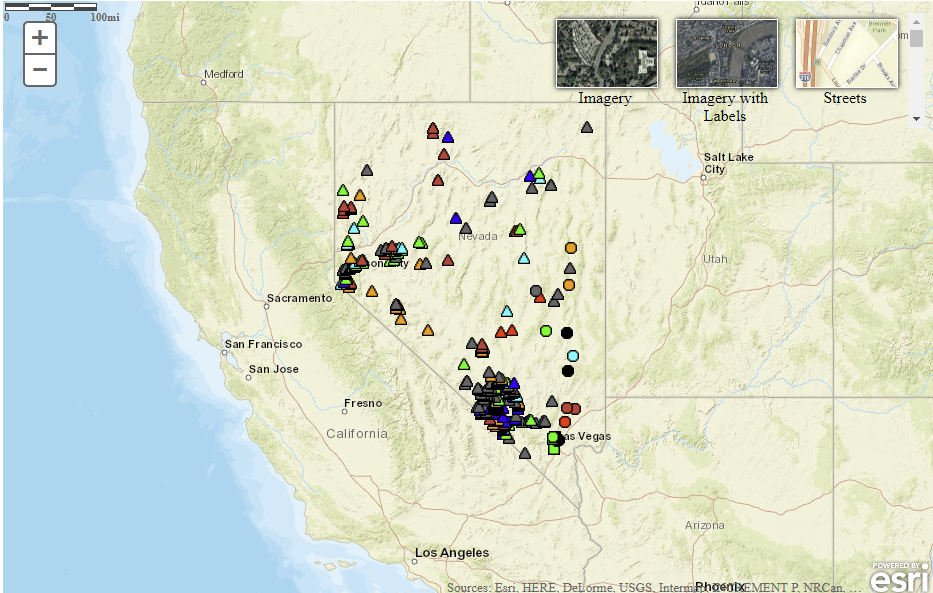 Screen shot of the map for the Nevada Long-Term Groundwater Data Network