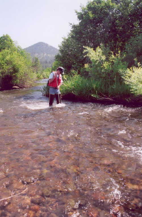 Collecting water samples for metals analysis, Prickly Pear Creek, Montana