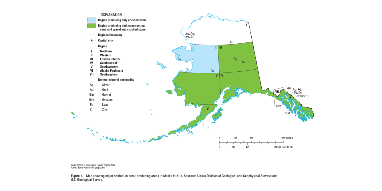 Map showing major nonfuel-mineral-producing areas in Alaska in 2014.