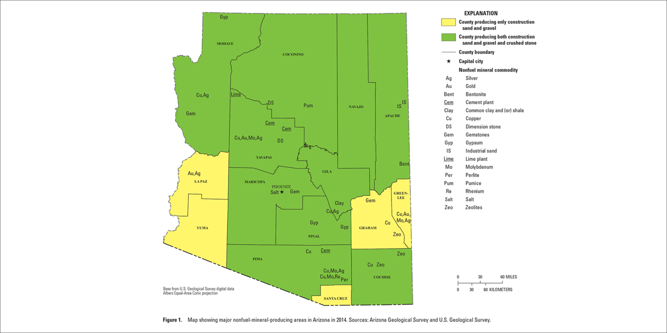 Arizona mineral commodity producing areas map from 2014 Minerals Yearbook
