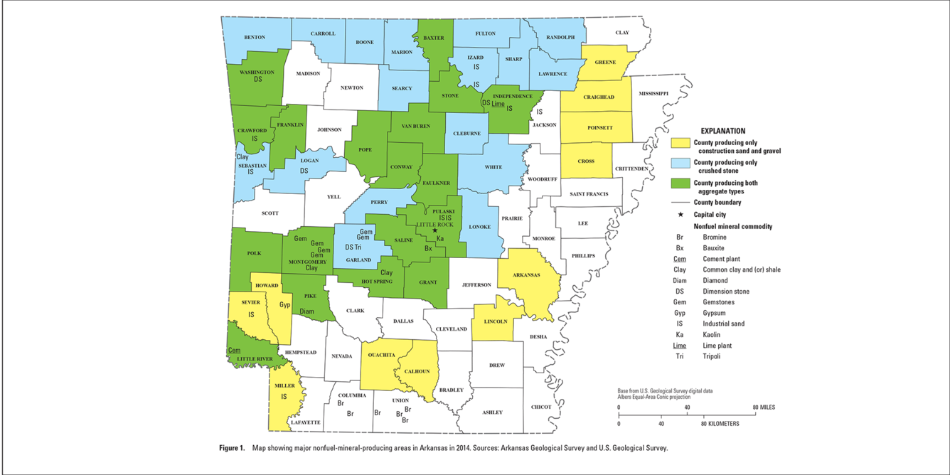Arkansas mineral commodity producing areas map from 2014 Minerals Yearbook