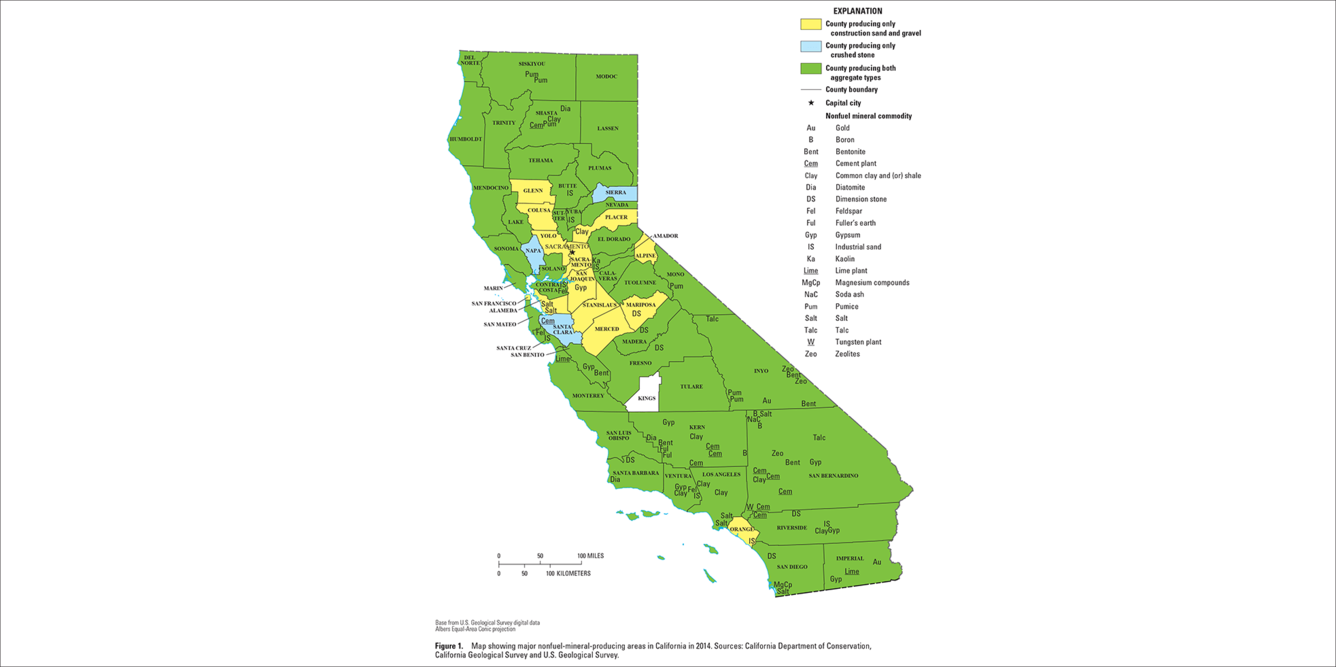 California mineral commodity producing areas map from 2014 Minerals Yearbook